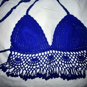 Hand crocheted blue bikini top, S